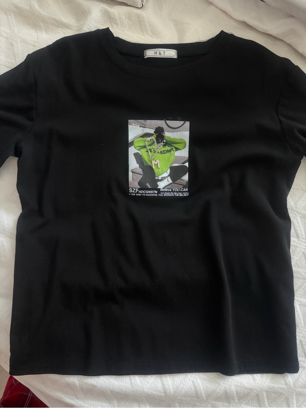 H&T Black Graphic Tee with Green Print